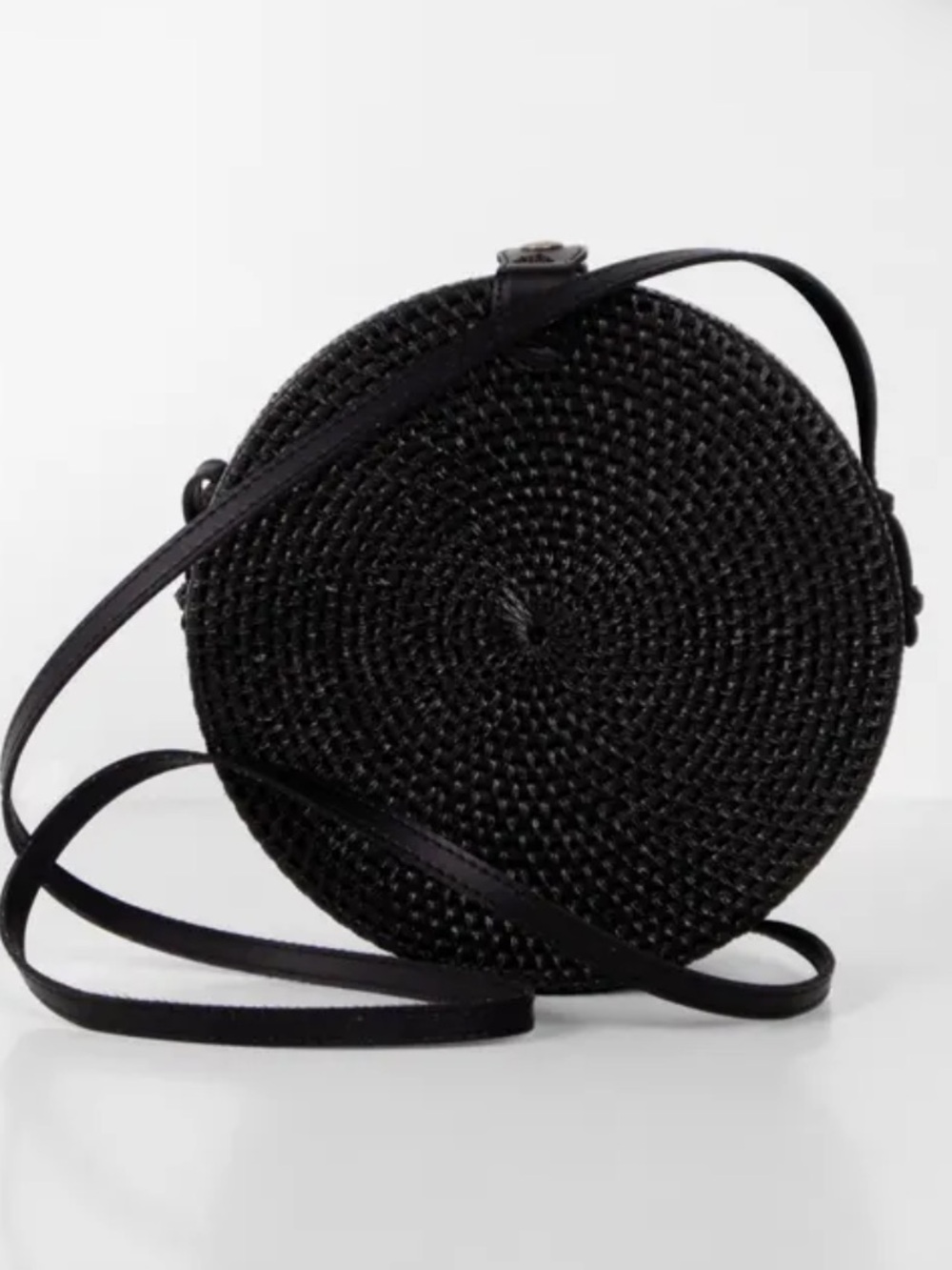 Black Woven Rattan Round Crossbody Bag with Leather Strap